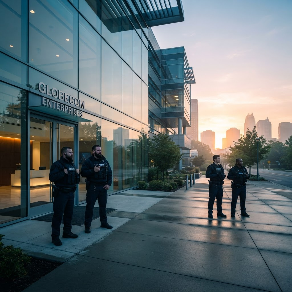 Professional security team protecting a commercial facility at sunrise
